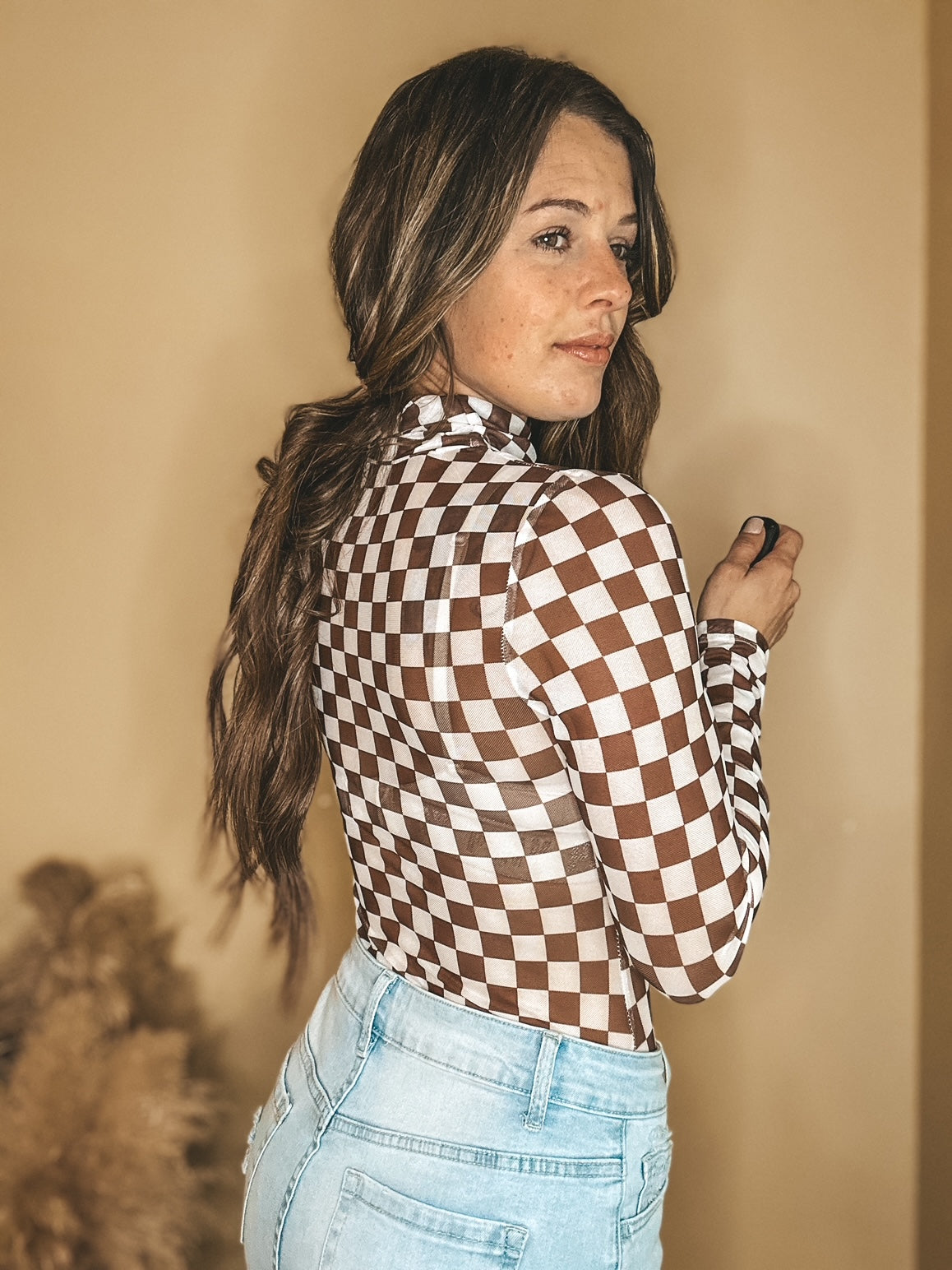 The Brittany Checkered Mesh Bodysuit in Brown