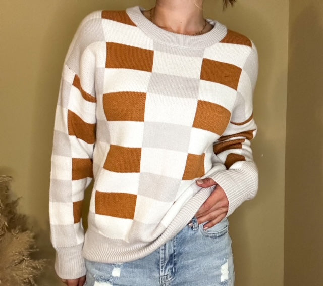 The Bryn Checkered Sweater in Khaki